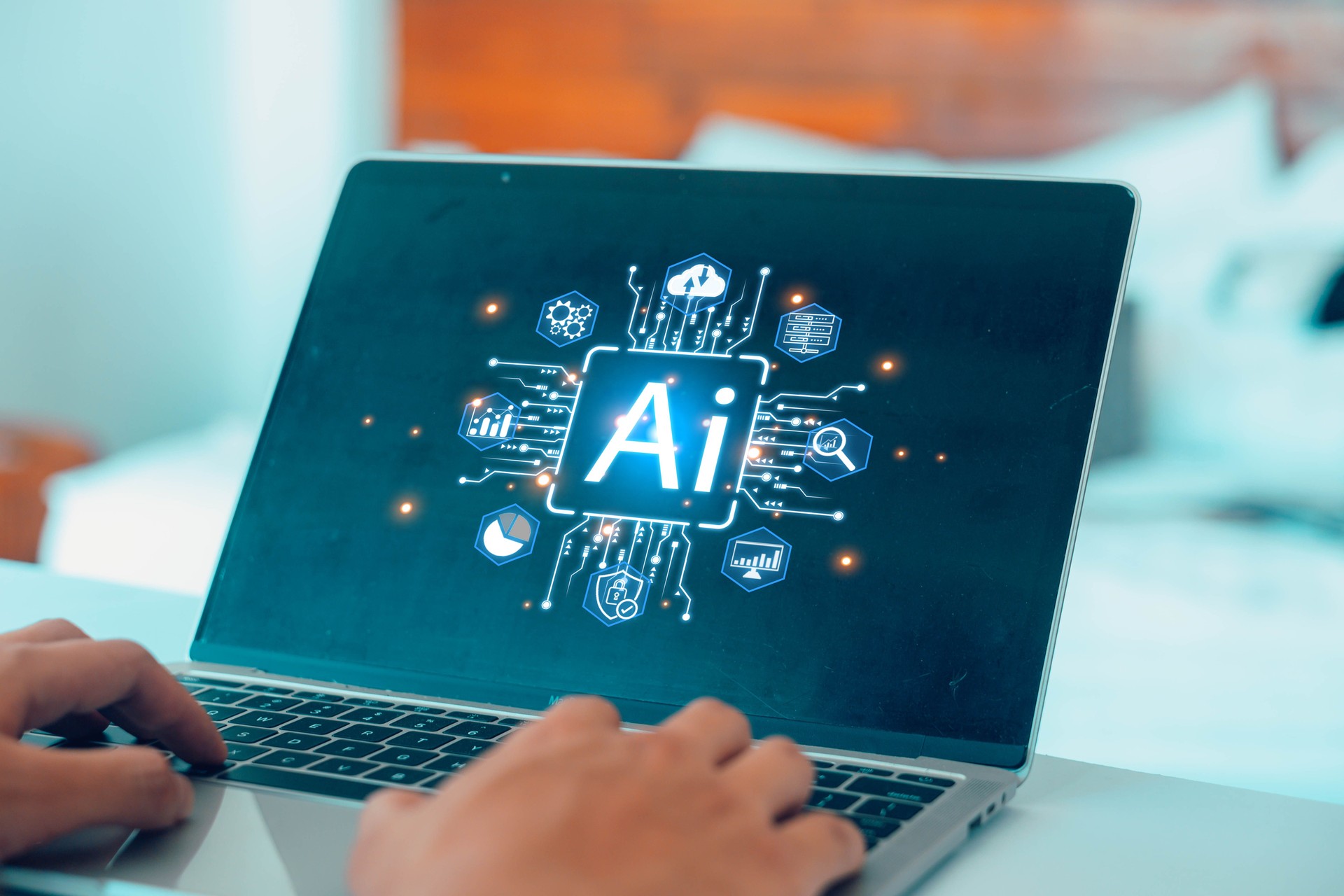 Businessman using laptop with technology AI, An virtual icon displayed in of front screen, Ai technology, artificial Intelligence command writes code, Technology transformation digital, software